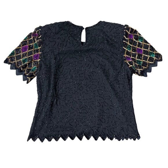 Vintage Sequin Beaded Top Large Black Purple Green Mardi Gras 1990s Shirt Fancy - Picture 3 of 10